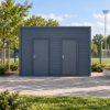 Sanitairunit 2 x 2 meter 14 Donkergrijze sanitairunit 2 x 2 meter met twee deuren in een realistische buitenomgeving